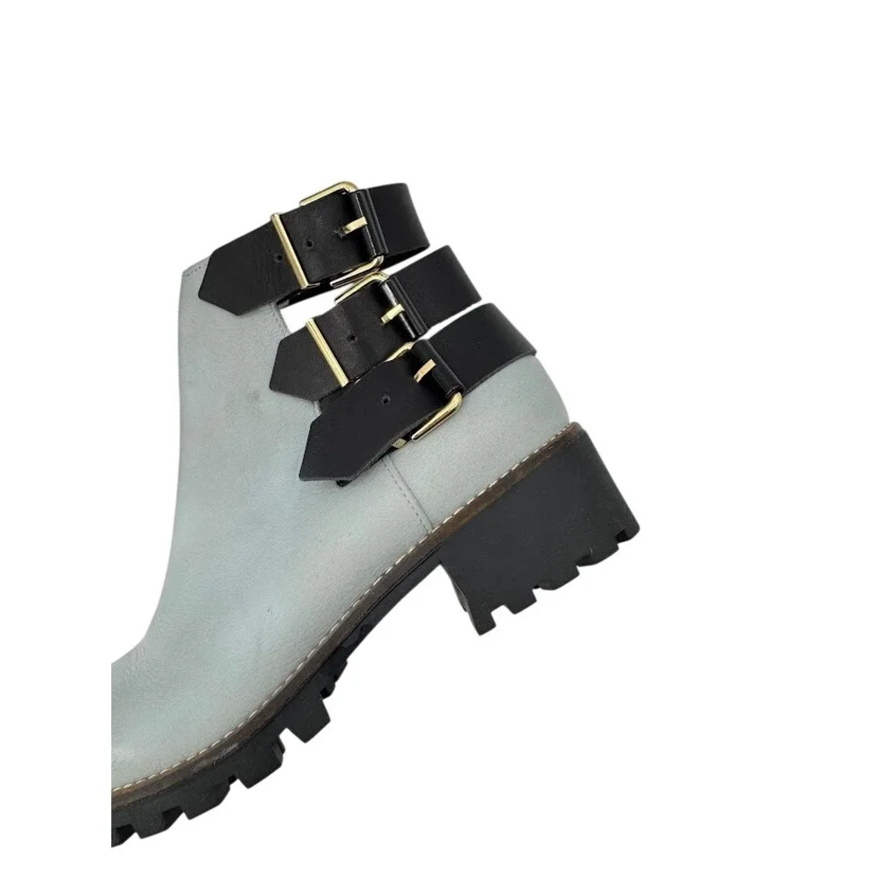 Miista Cecelia Back Strap Ankle Boot Light Blue Leather Chunky Heel Size 37